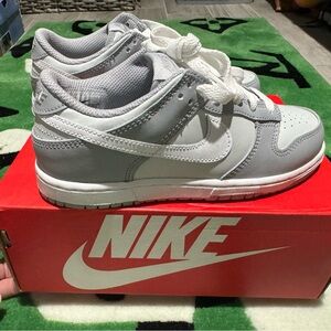 Nike dunk low, brand new with box, size 2Y, white and wolf gray.